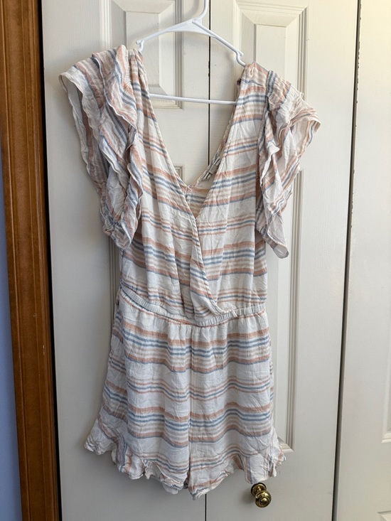 American Eagle Outfitters Pants - American Eagle Outfitters Cream Striped Romper with Peach and Gray Accents